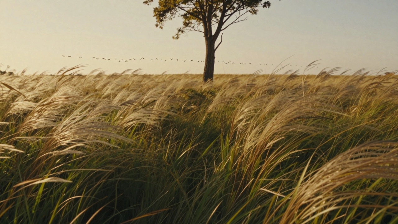 A ground-level view of a meadow with a tree breaking the invisible horizon and birds in flight.