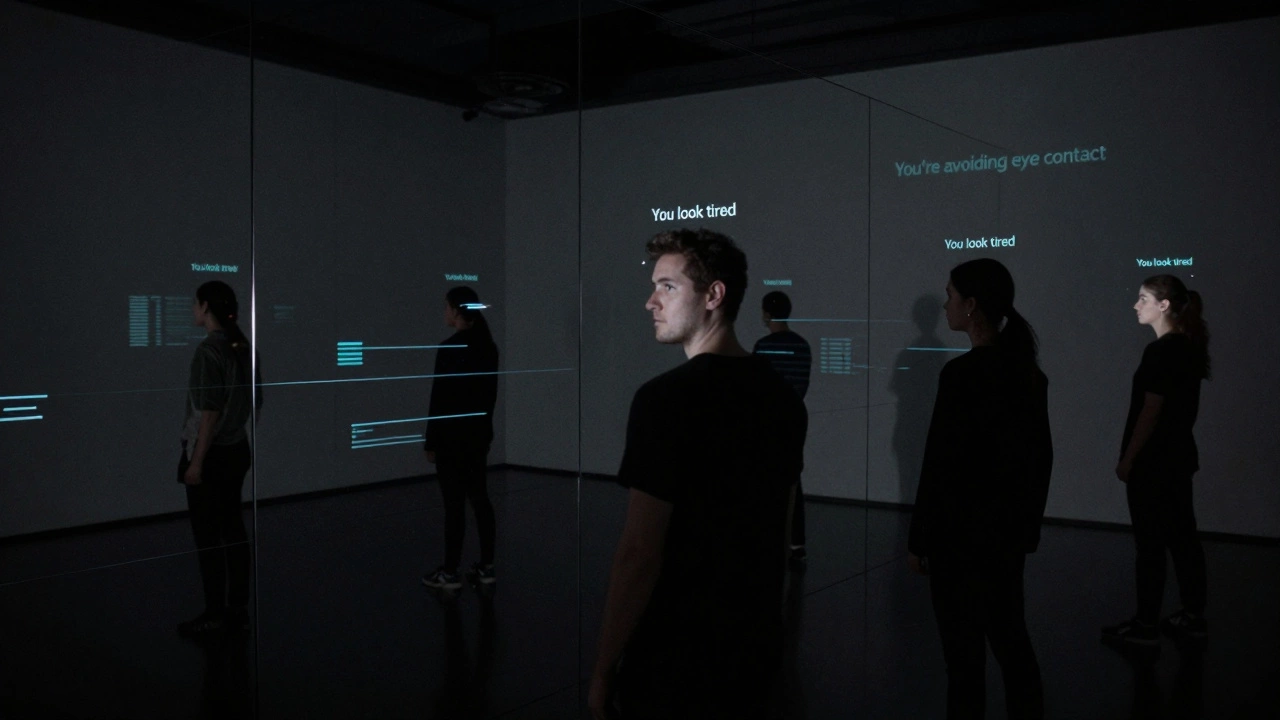 A mirrored wall projecting text based on visitors' facial expressions, lit by faint blue LEDs in a dim room.