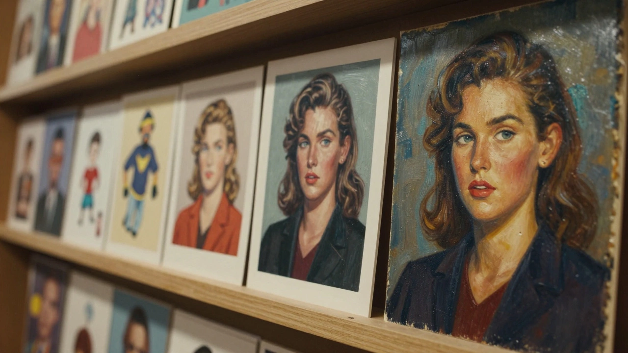 A shelf of copied art prints next to one original reimagined piece, with cinematic lighting and texture.