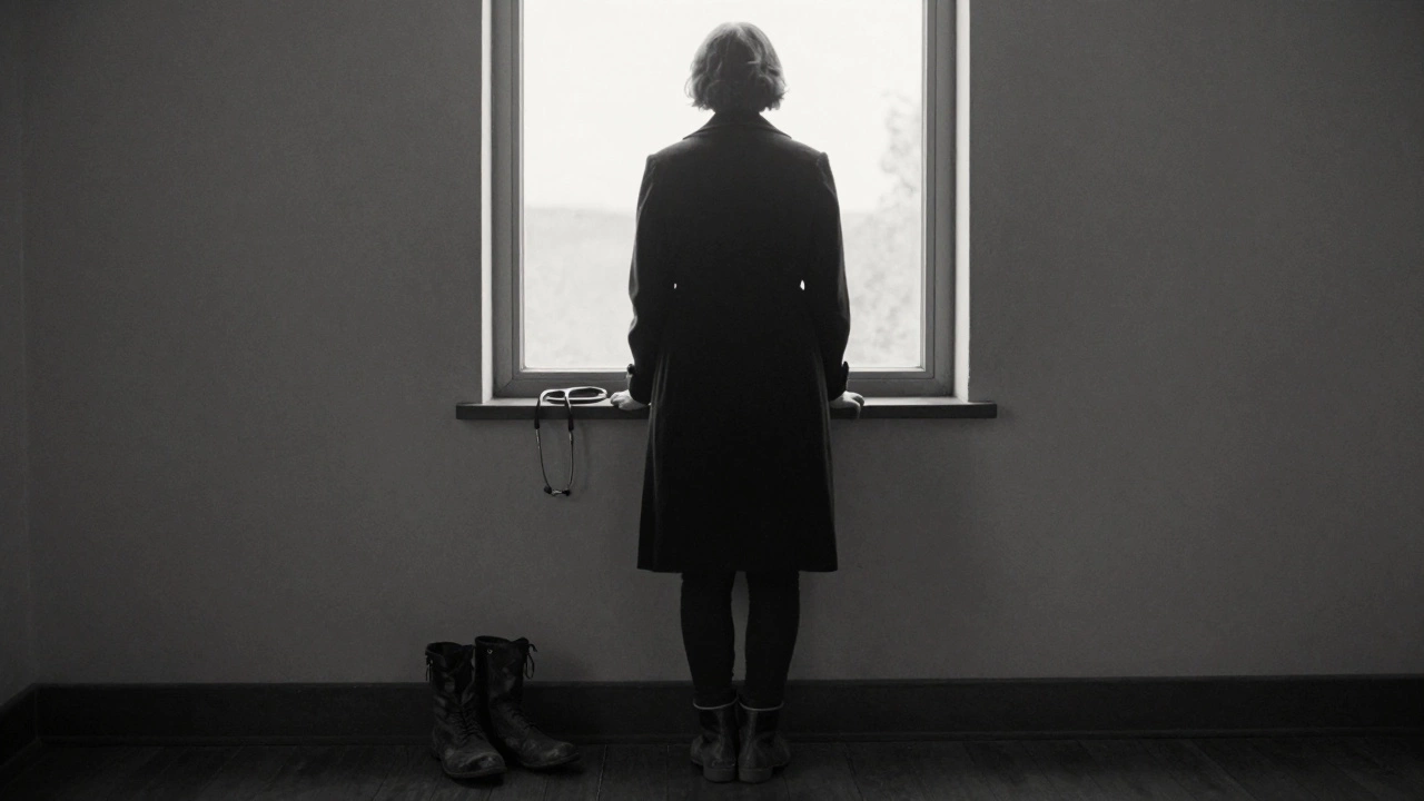 A silhouette standing at a window with boots and a stethoscope below, no face visible.