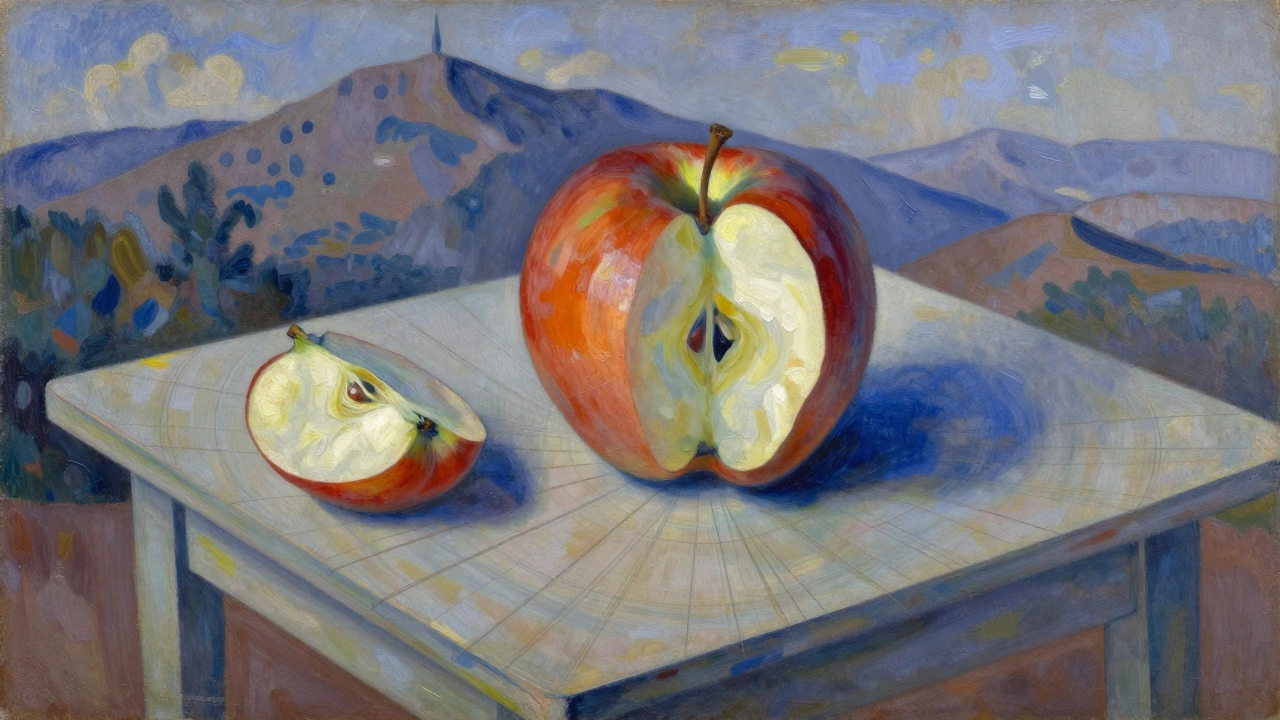 A single apple depicted from multiple perspectives using geometric color planes and bold brushwork.