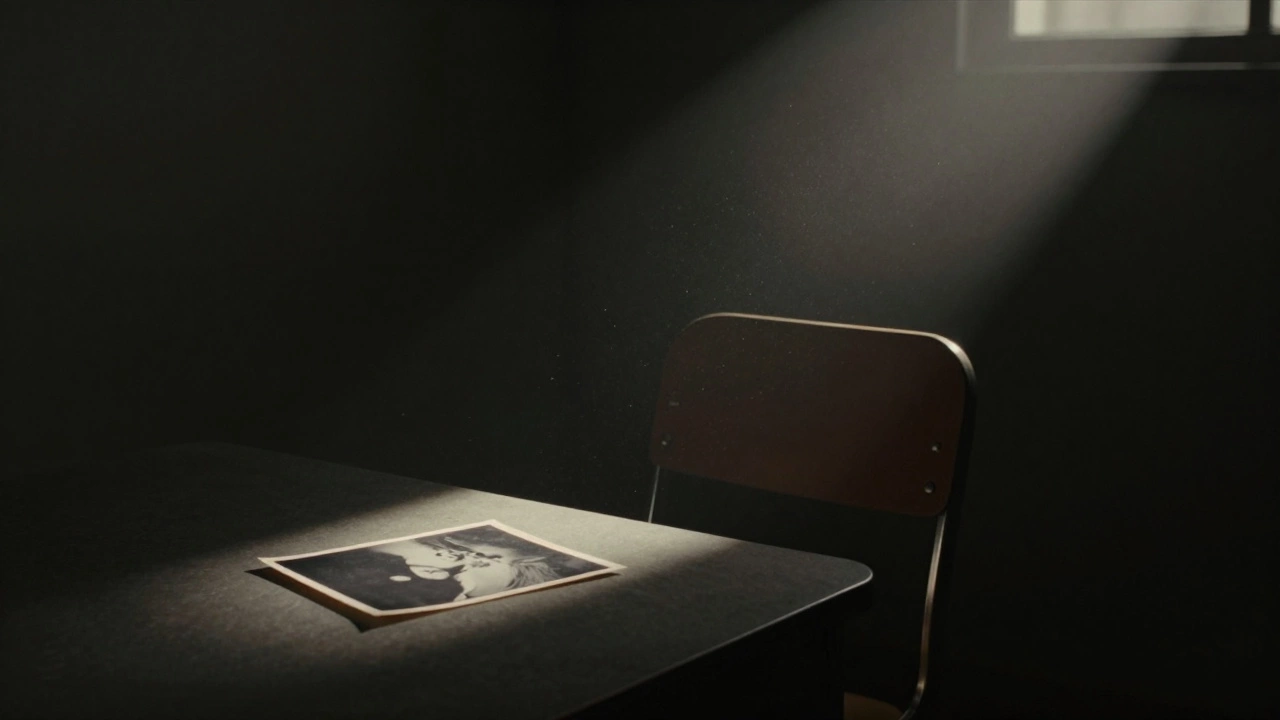 A single beam of light illuminates an empty chair and a faded photo in a shadowy room.