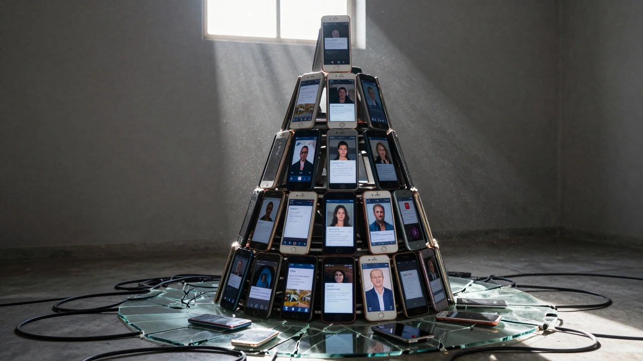 A tower of discarded smartphones flickering with deletion videos, surrounded by broken glass and tangled cables.