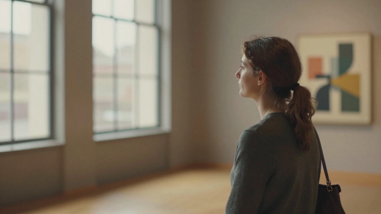 A visitor contemplating modern art in a sunlit museum with soft brushstrokes.