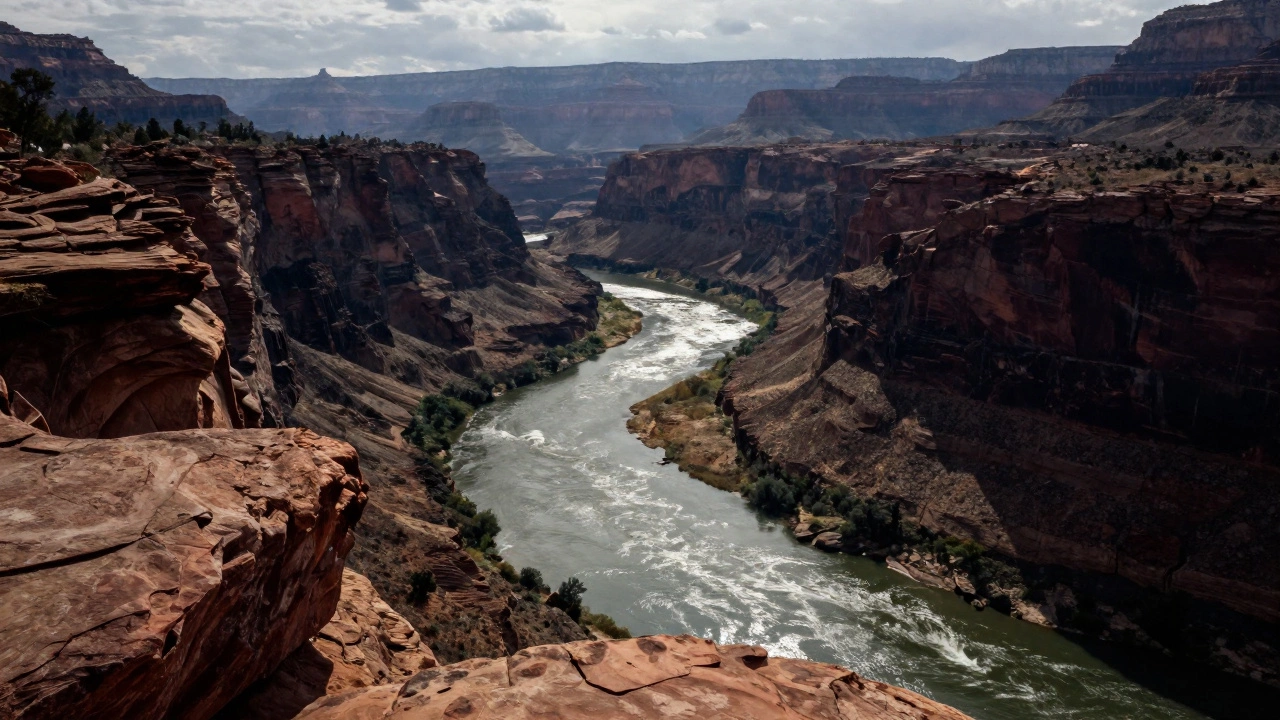 A winding river guides the eye through a dramatic canyon, with light highlighting its path toward misty heights.