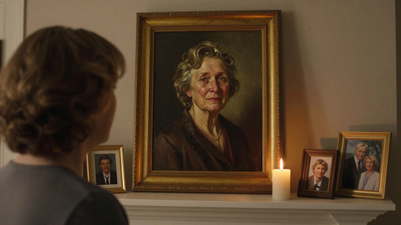A woman crying as she looks at a framed portrait of her mother in candlelight.