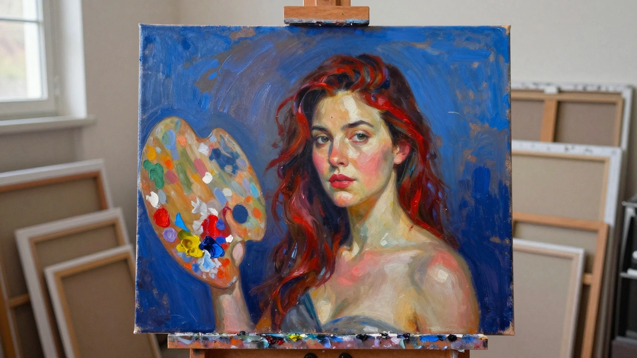 An oil portrait in progress on a large canvas in a sunlit studio.