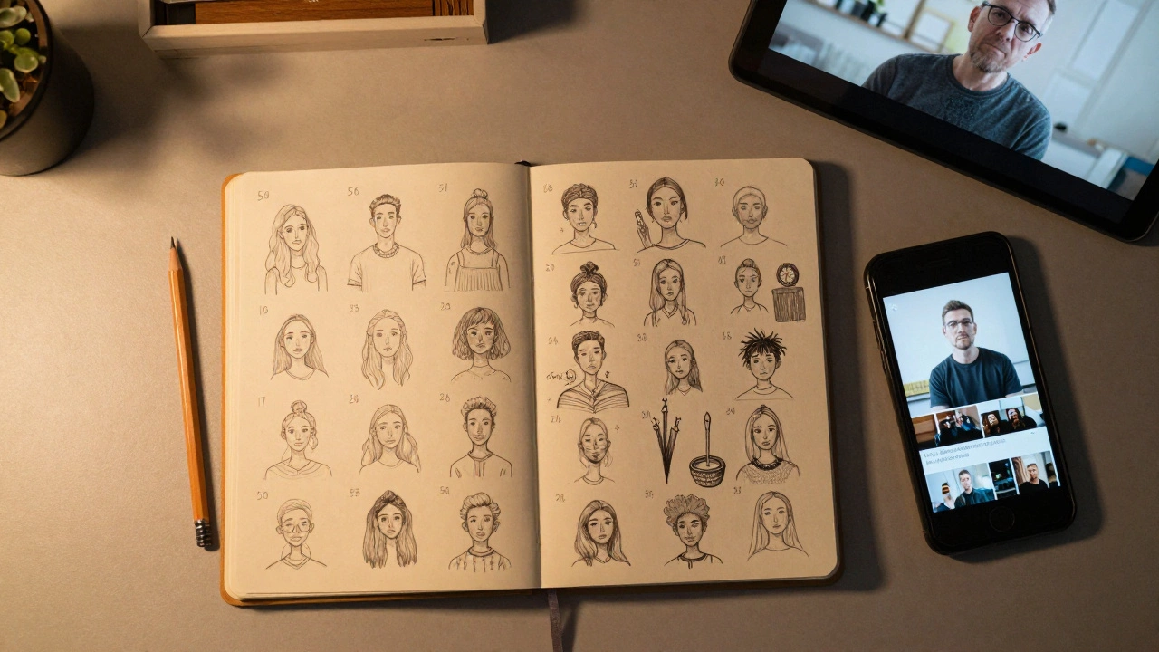 An overhead view of 50+ dated sketches, a tablet, and a tutorial phone, symbolizing daily practice.