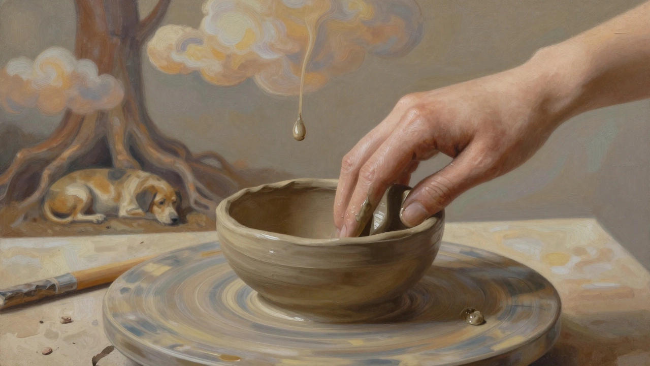 Fingers pressing clay into a bowl, with abstract memories like clouds and sleeping dogs in the background.