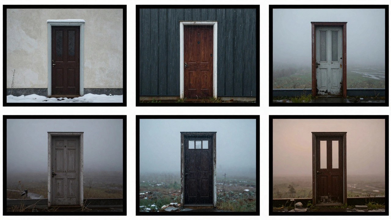 Five framed images of abandoned doorways, each in different weather, sharing a quiet, consistent mood.