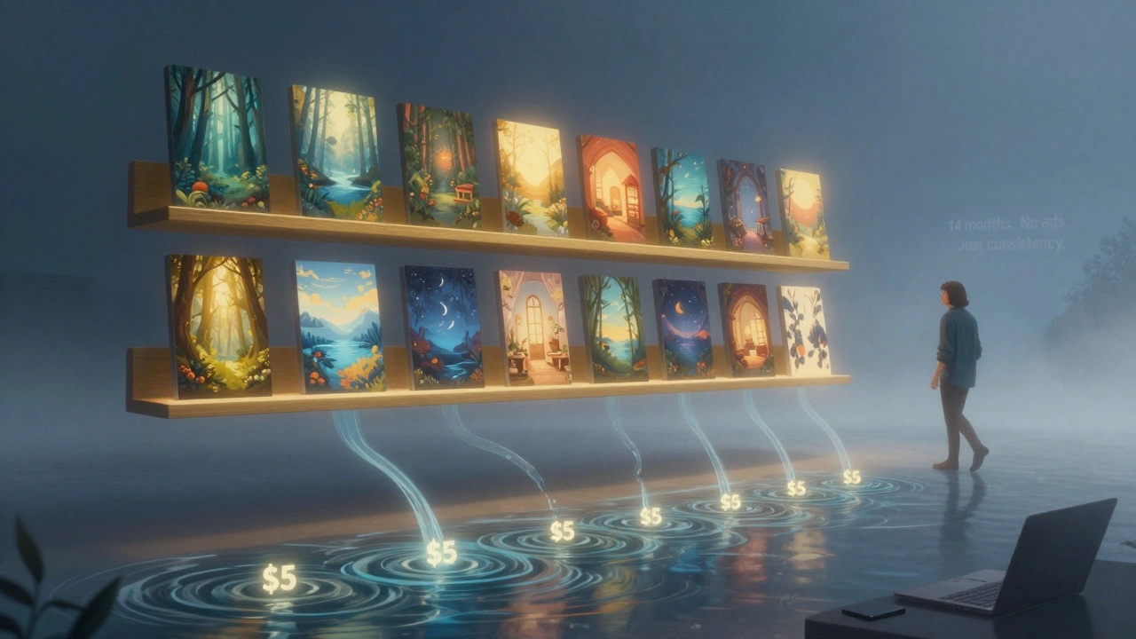 Floating digital wallpapers glowing with nature scenes as micro-sales ripple through a serene, misty environment.