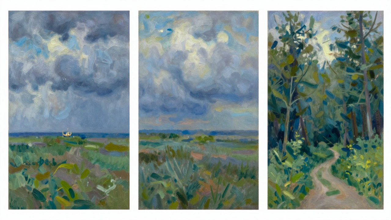 Three landscape studies on an easel showing horizon lines placed high, centered, and low.