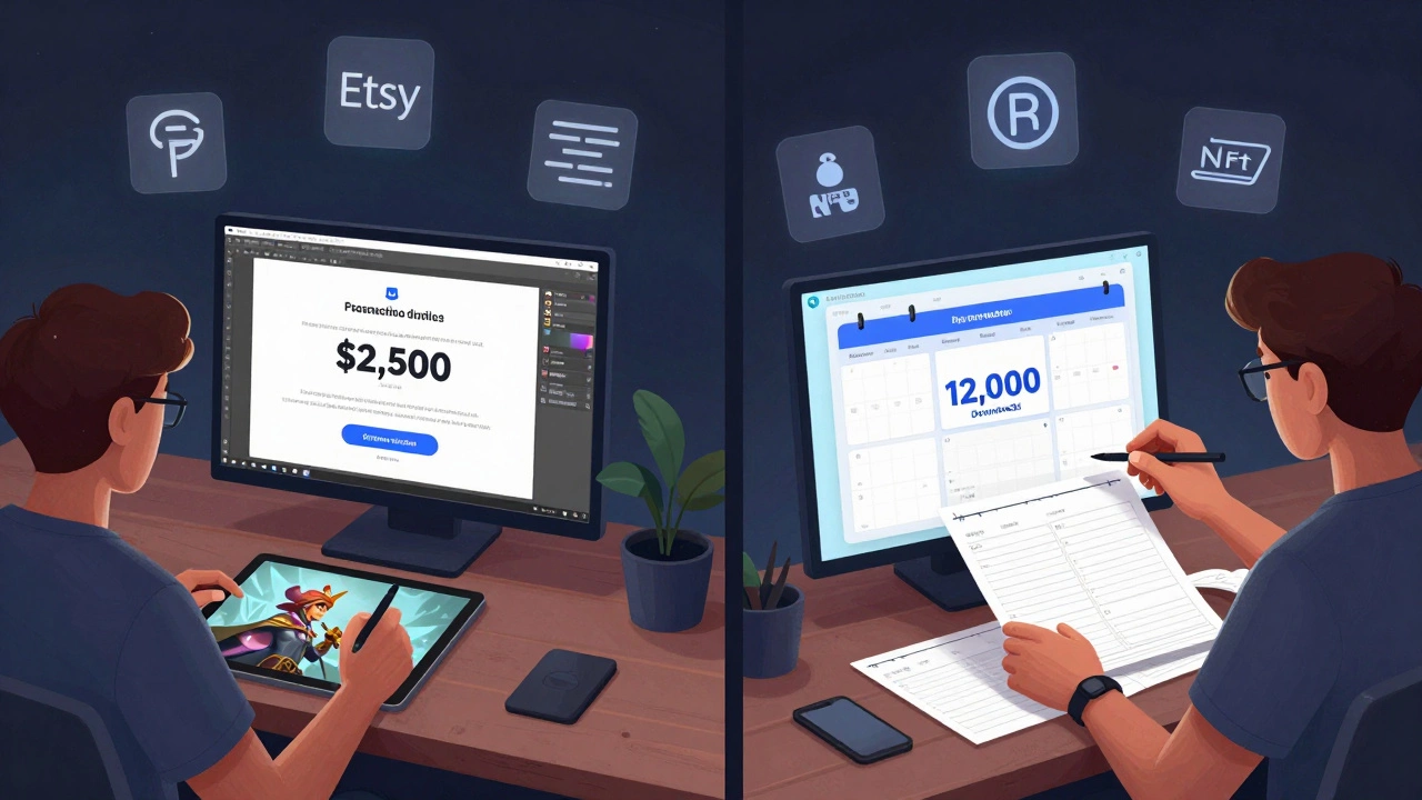 Two digital artists creating art for game commissions and digital downloads on platforms like ArtStation and Gumroad.