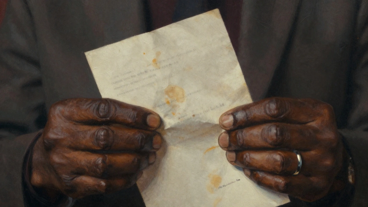 Weathered hands holding a crumpled letter, with a wedding ring and tea stains visible.