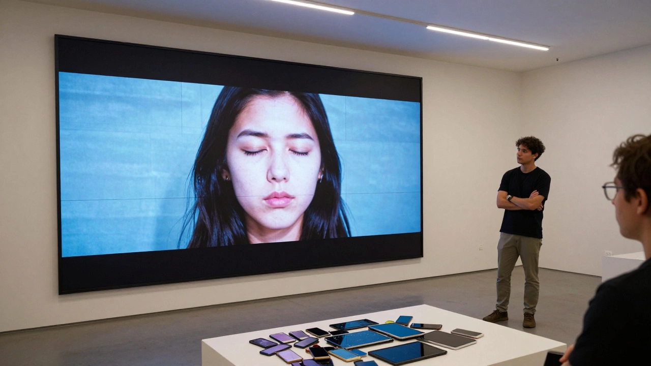 A digital screen shows a person blinking repeatedly beside a pile of broken smartphones in a contemporary art space.