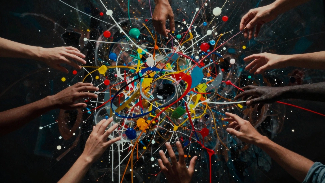 A dynamic Pollock-style drip painting with faint silhouettes of diverse hands reaching toward it.