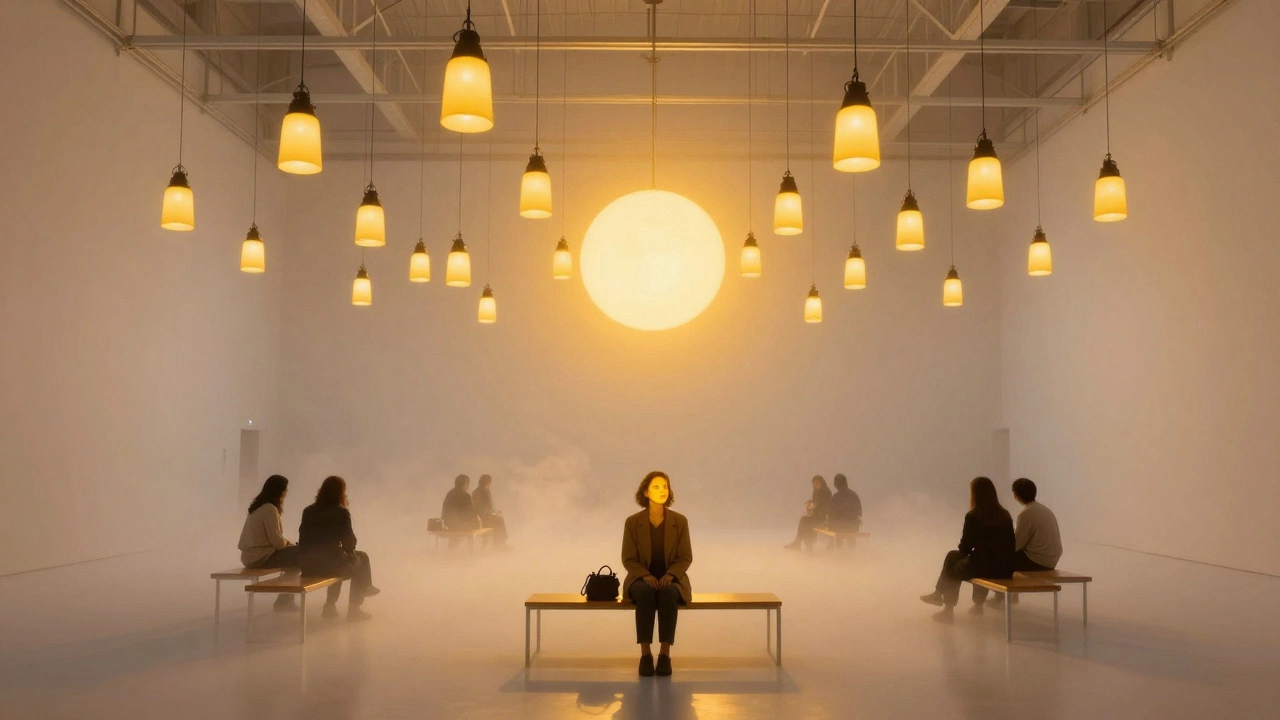 A glowing artificial sun made of lamps and mist fills a gallery hall, casting golden light on seated viewers.