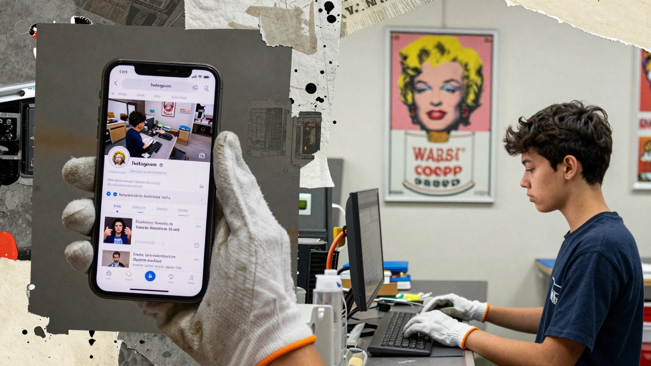 A mixed-media collage blending modern life elements like a smartphone, factory hand, and Warhol poster.