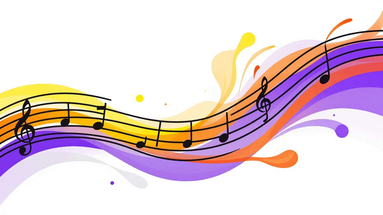 Abstract art of music staff lines turning into colorful liquid ribbons.