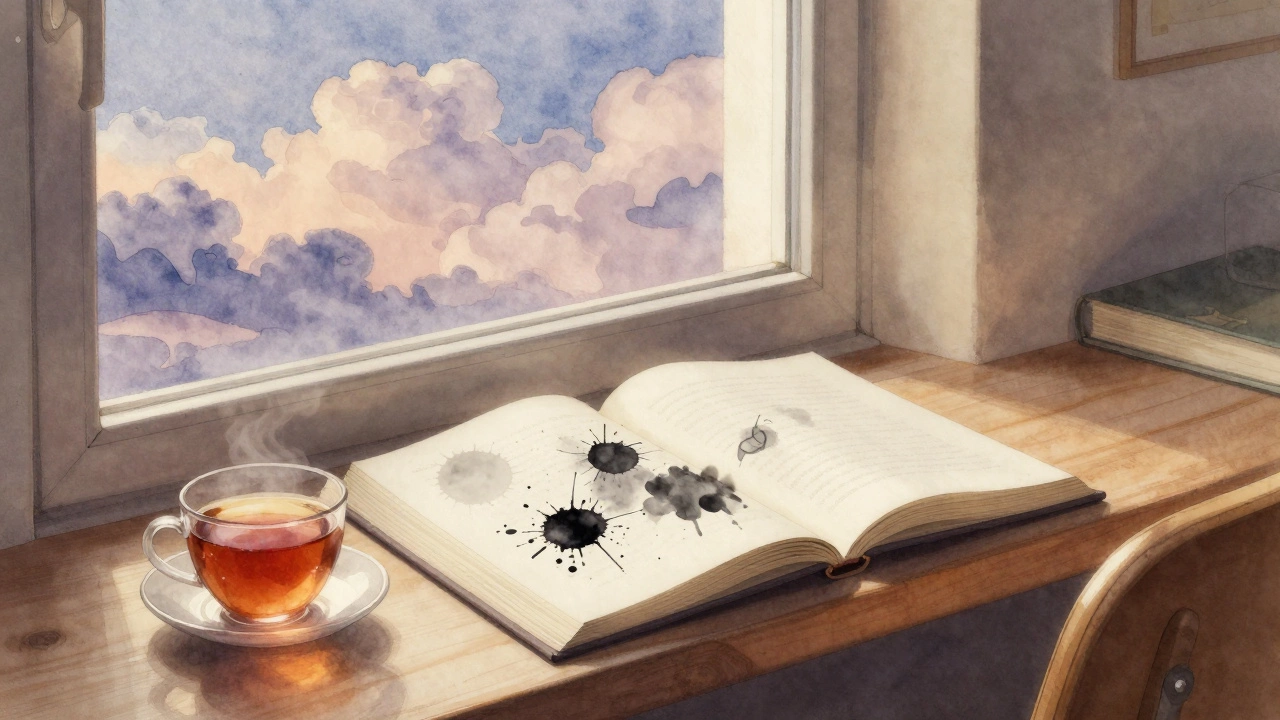An open journal with abstract ink marks beside a window at twilight, tea nearby.