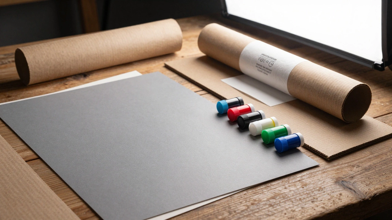 Close up of art paper and ink supplies on wooden desk.