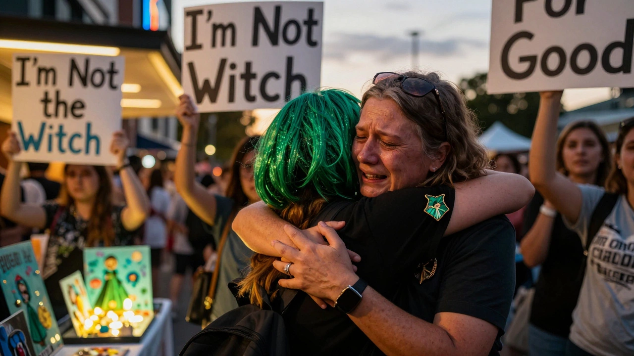 Fans holding handmade signs and Wicked-themed merchandise outside a theater, hugging and crying under twilight sky.