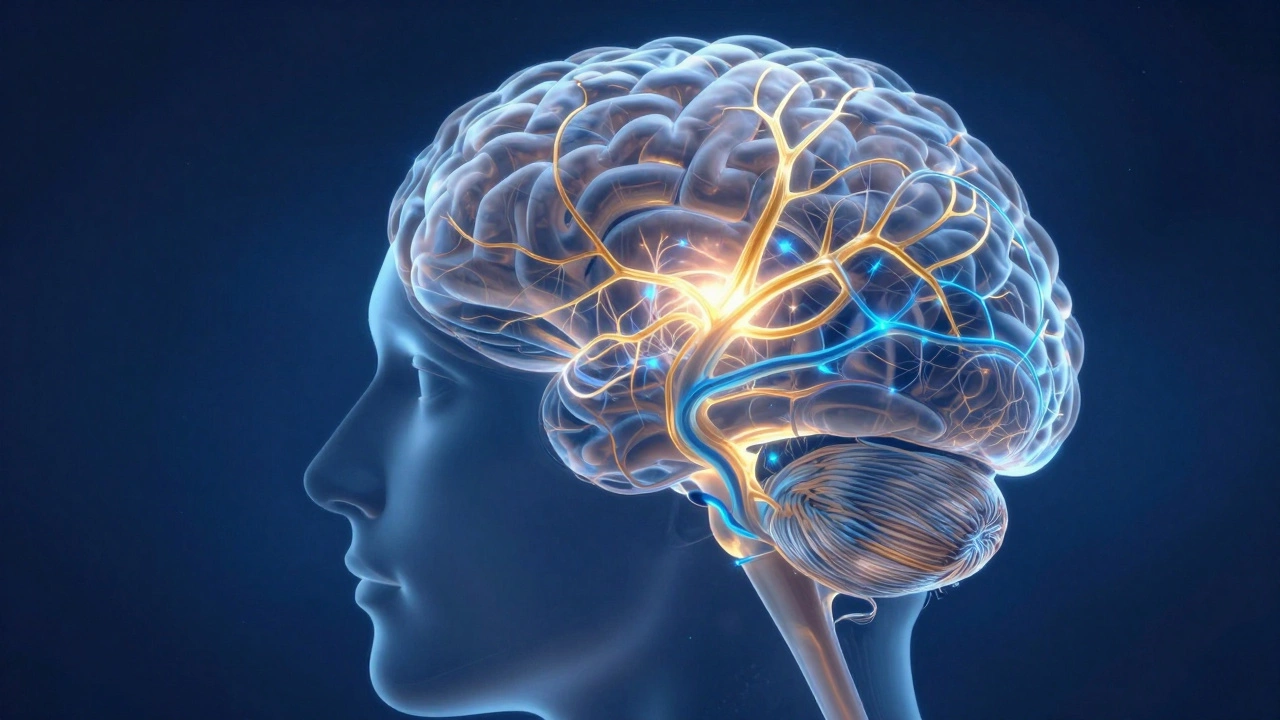 Semi-transparent brain silhouette showing glowing neural connections.
