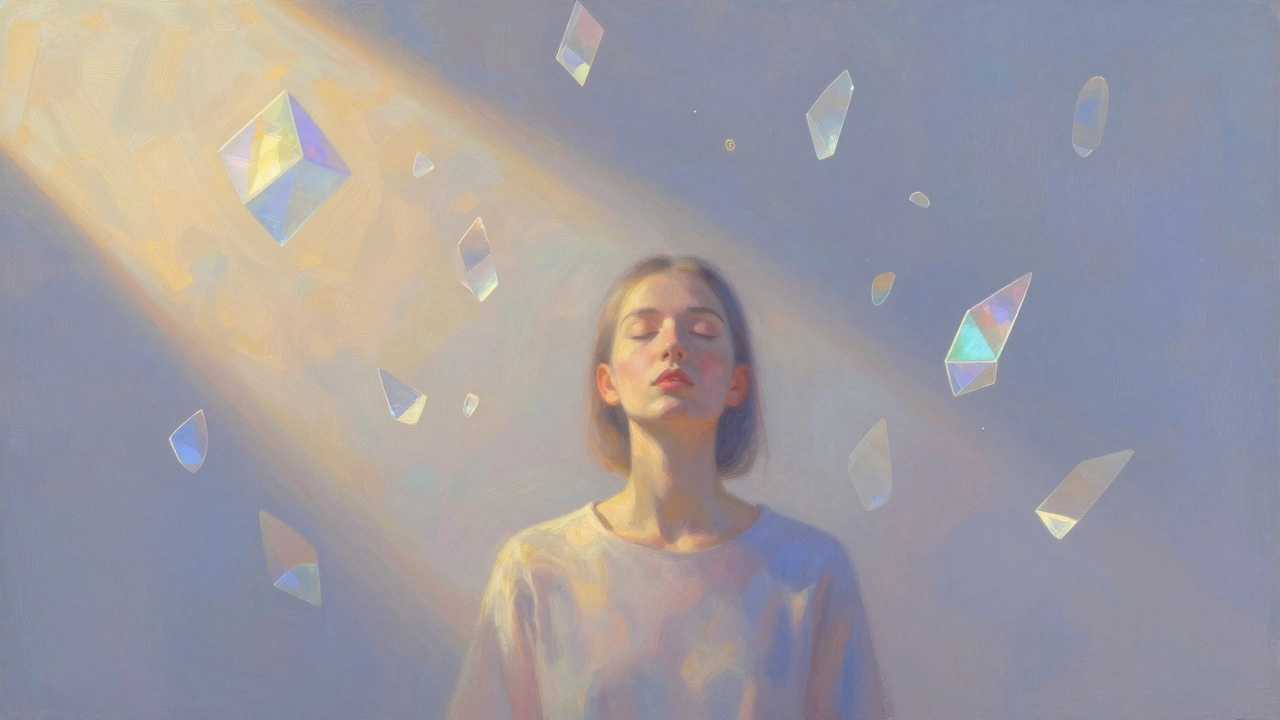 Silhouette amidst floating colorful shapes in mist