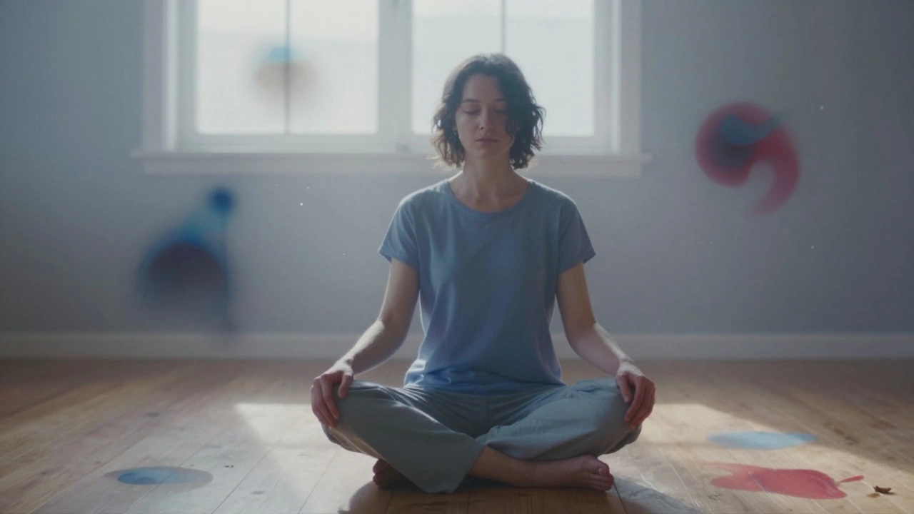 Someone meditating amidst floating abstract shapes bathed in soft sunlight.