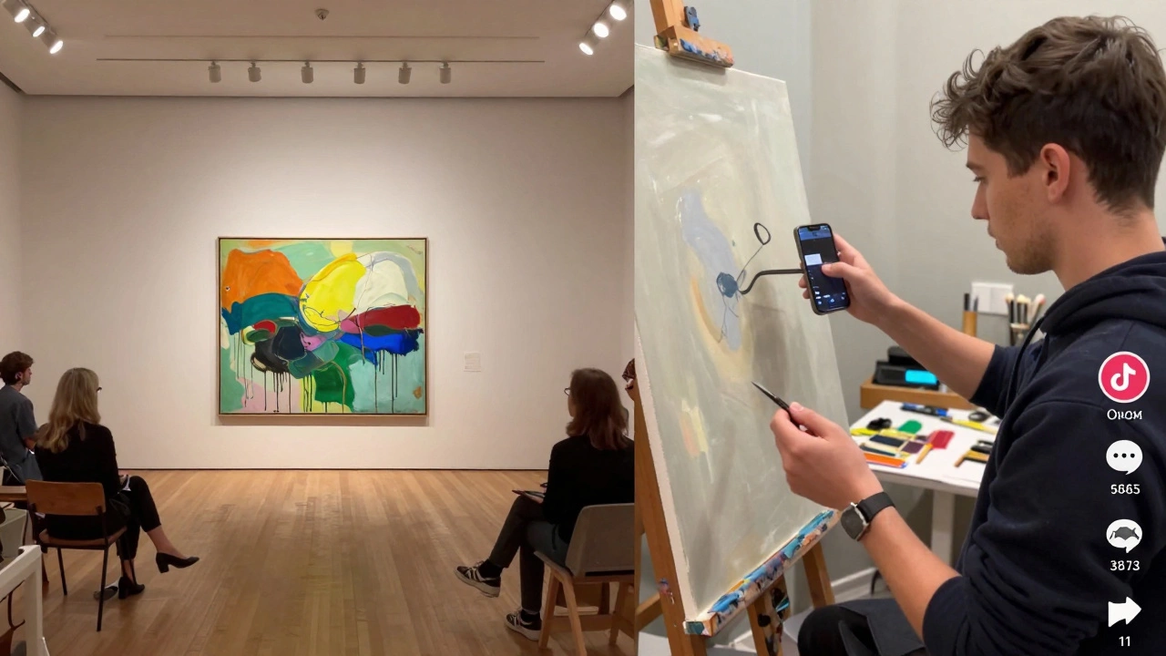 Split scene: auction house with historic abstract artwork and a young artist posting a TikTok painting video.