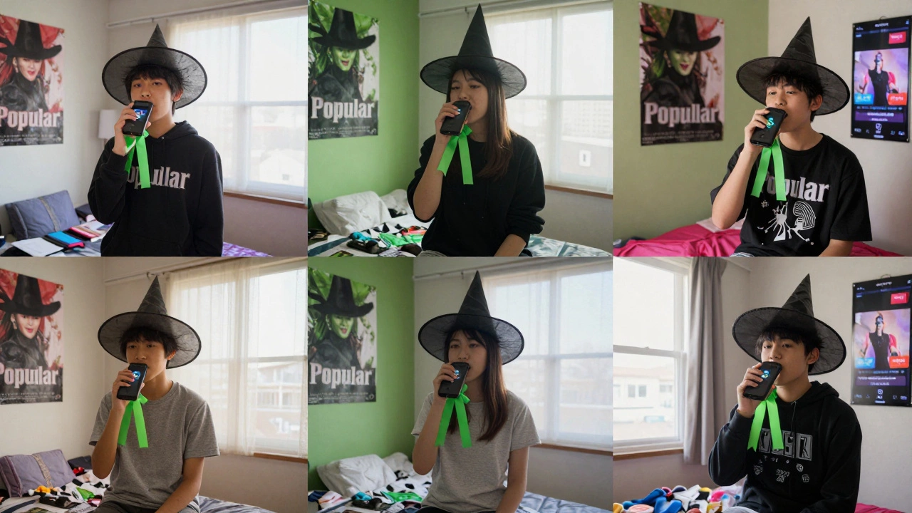 Teens in three different countries singing and dancing to 'Popular' from Wicked in their bedrooms, wearing homemade green accessories.