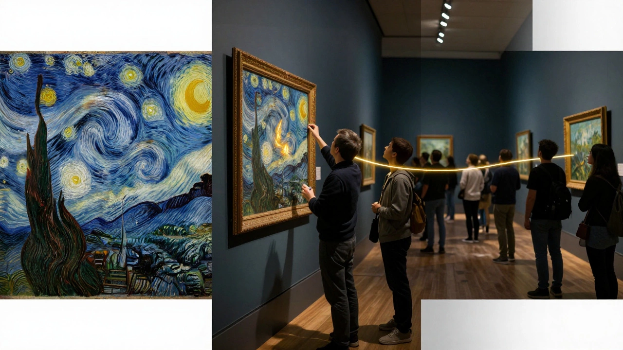 Three panels showing Van Gogh painting, conservators examining, and visitors viewing The Starry Night, connected by glowing paint strokes.