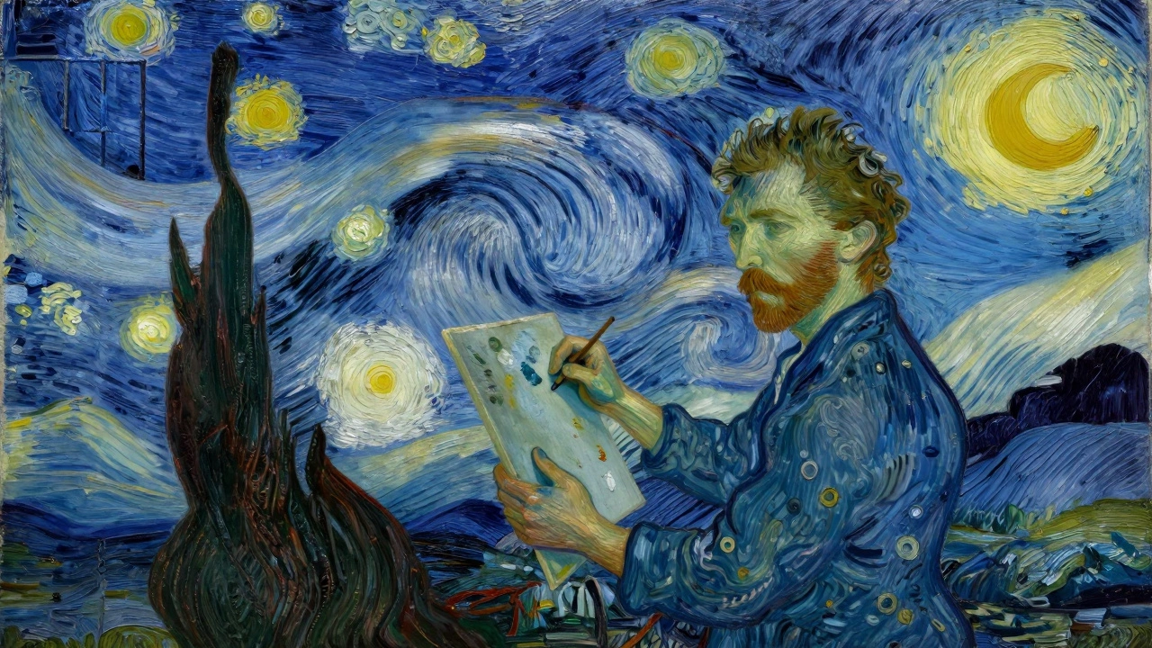 Vincent van Gogh painting The Starry Night at his asylum window, stars swirling around him in emotional intensity.