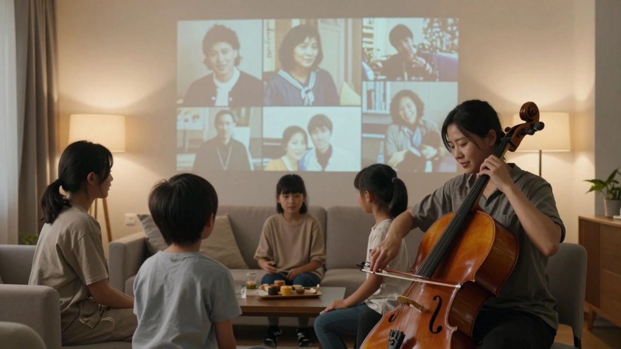 A cellist performing at an intimate home memorial with a photo slideshow
