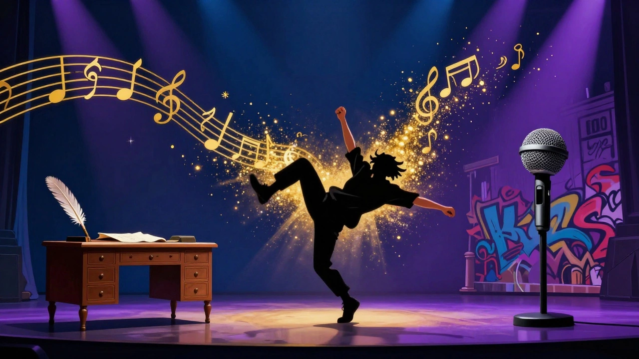 A conceptual blend of historical colonial elements and modern hip-hop culture on a stage.