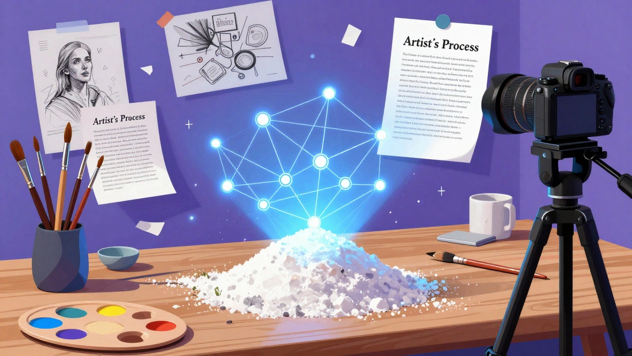 A creative workspace blending traditional art tools with digital projections and salt installations.