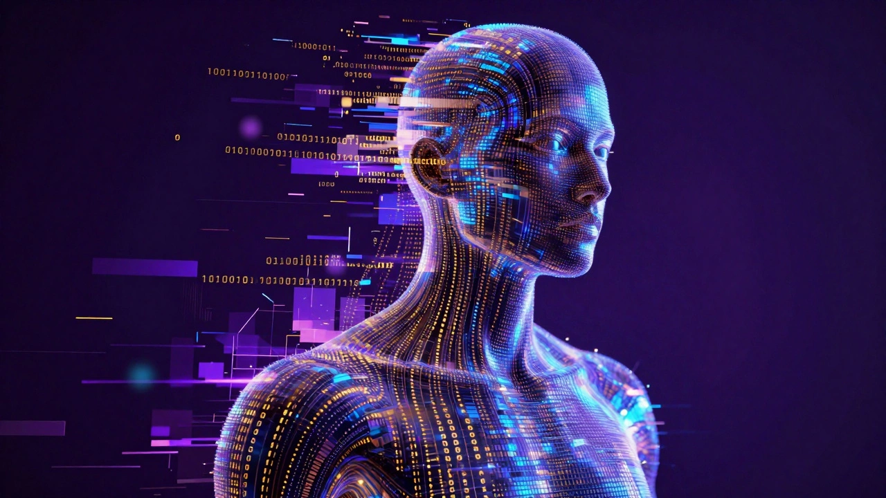 A holographic humanoid figure made of digital pixels and glowing binary code.