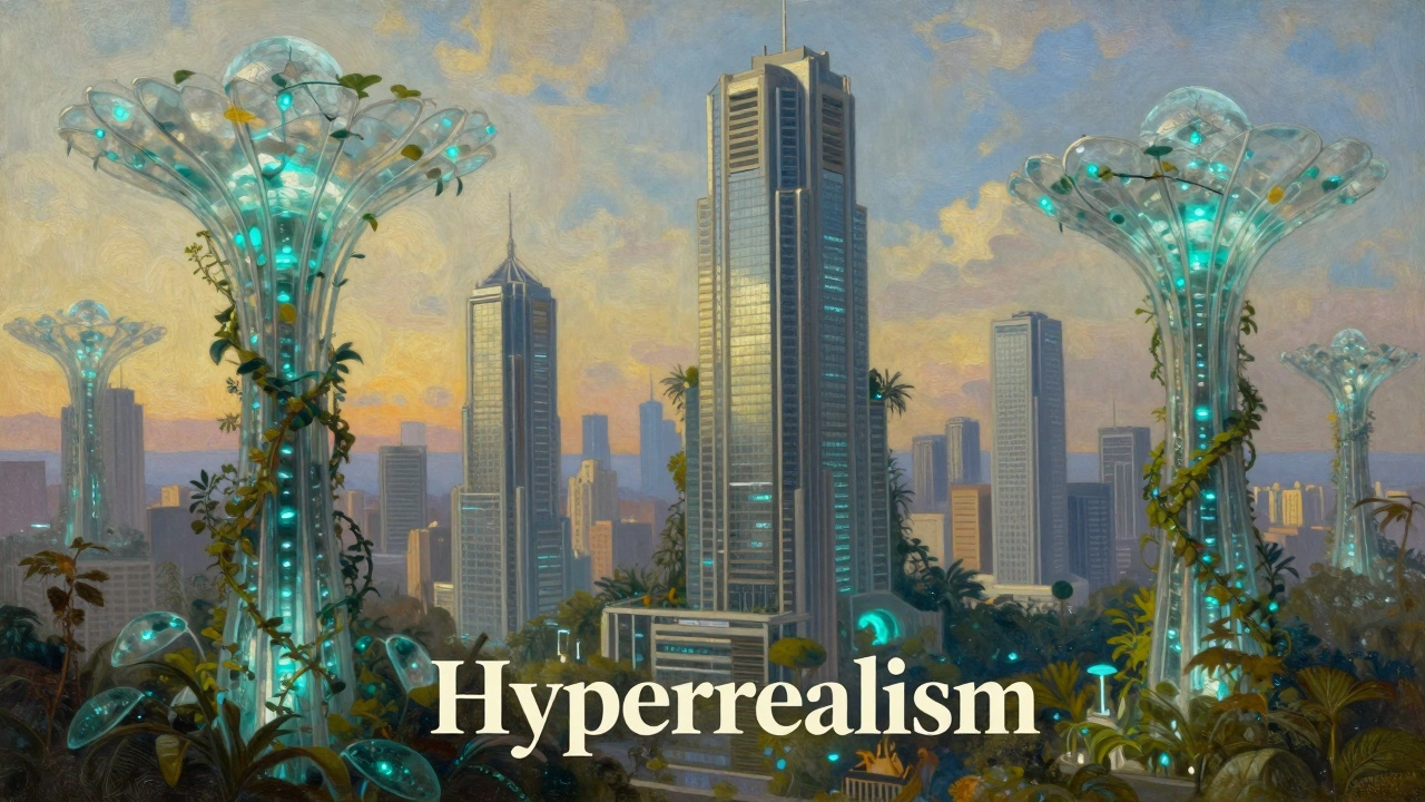 A hyper-realistic oil painting of a futuristic city merging architecture with glass plants.