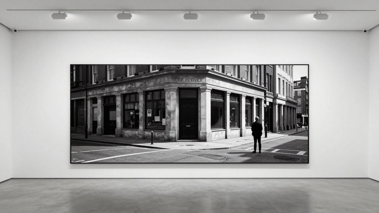 A large black and white urban fine art photograph displayed in a minimal white art gallery.