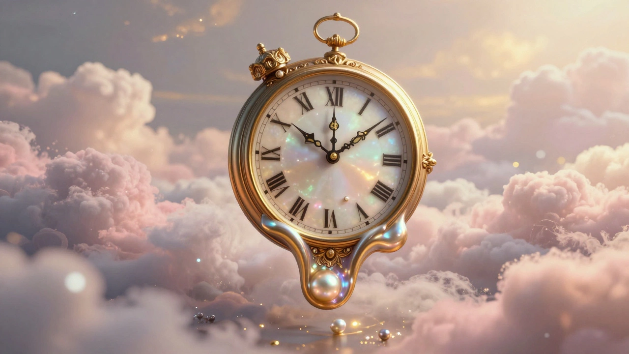 A melting clock floating among pastel clouds in a surreal, golden ethereal void.
