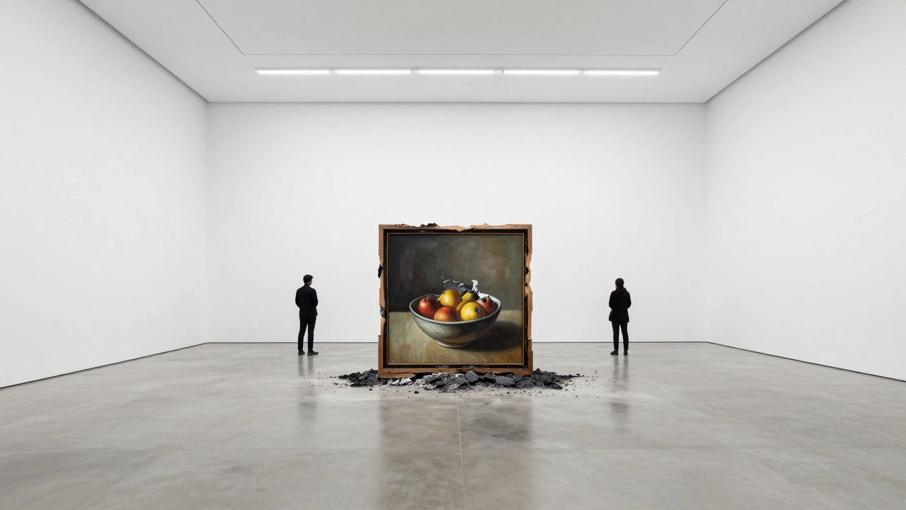 A minimalist white gallery room featuring a partially burned painting of fruit as conceptual art.