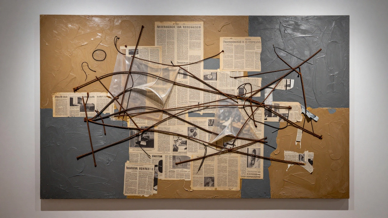 A mixed media artwork featuring oil paint, newspaper clippings, and rusted metal wire.