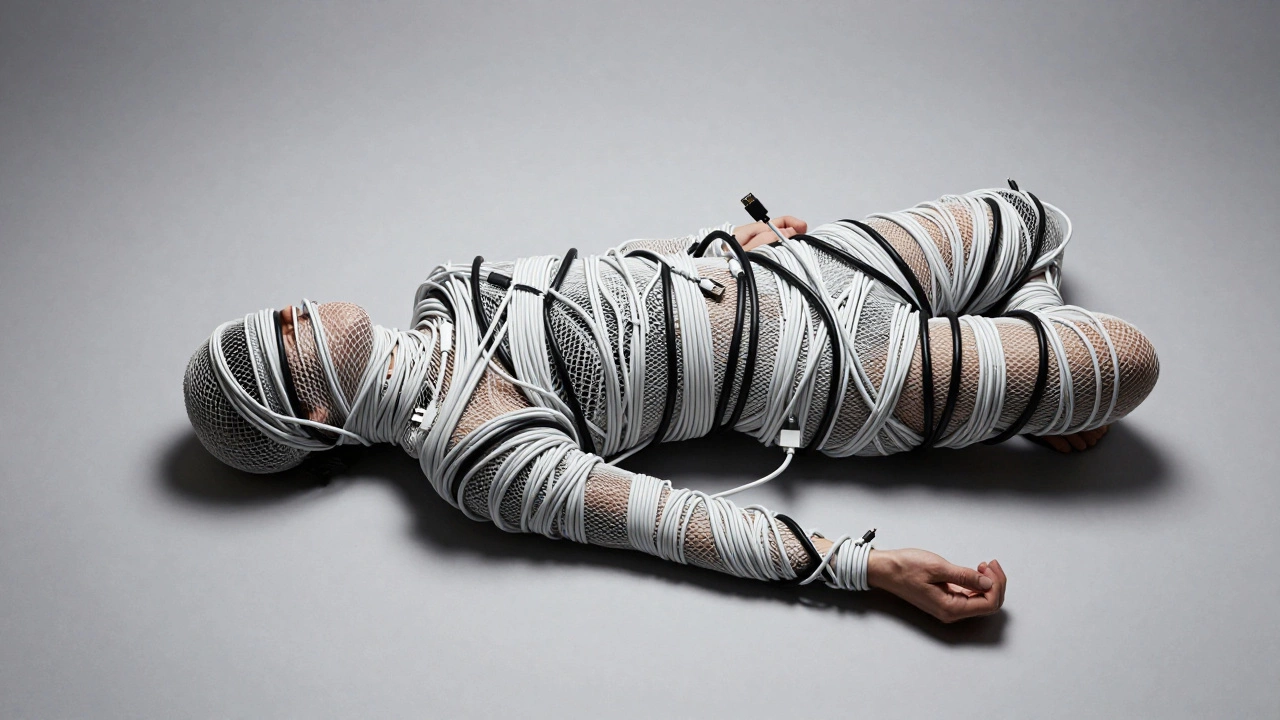 A person wrapped in a cocoon of charging cables in a sterile grey studio.