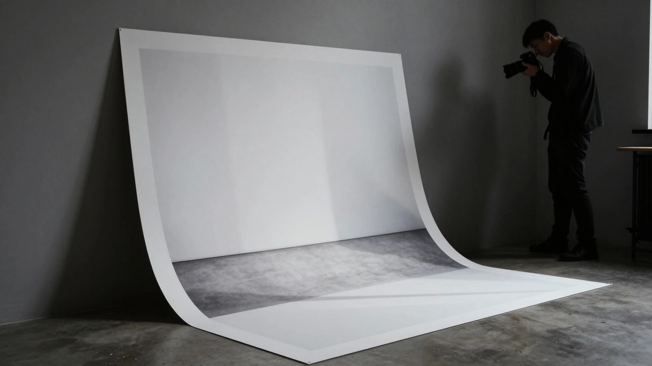 A photographer in a studio observing a large minimalist fine art print of a white wall.