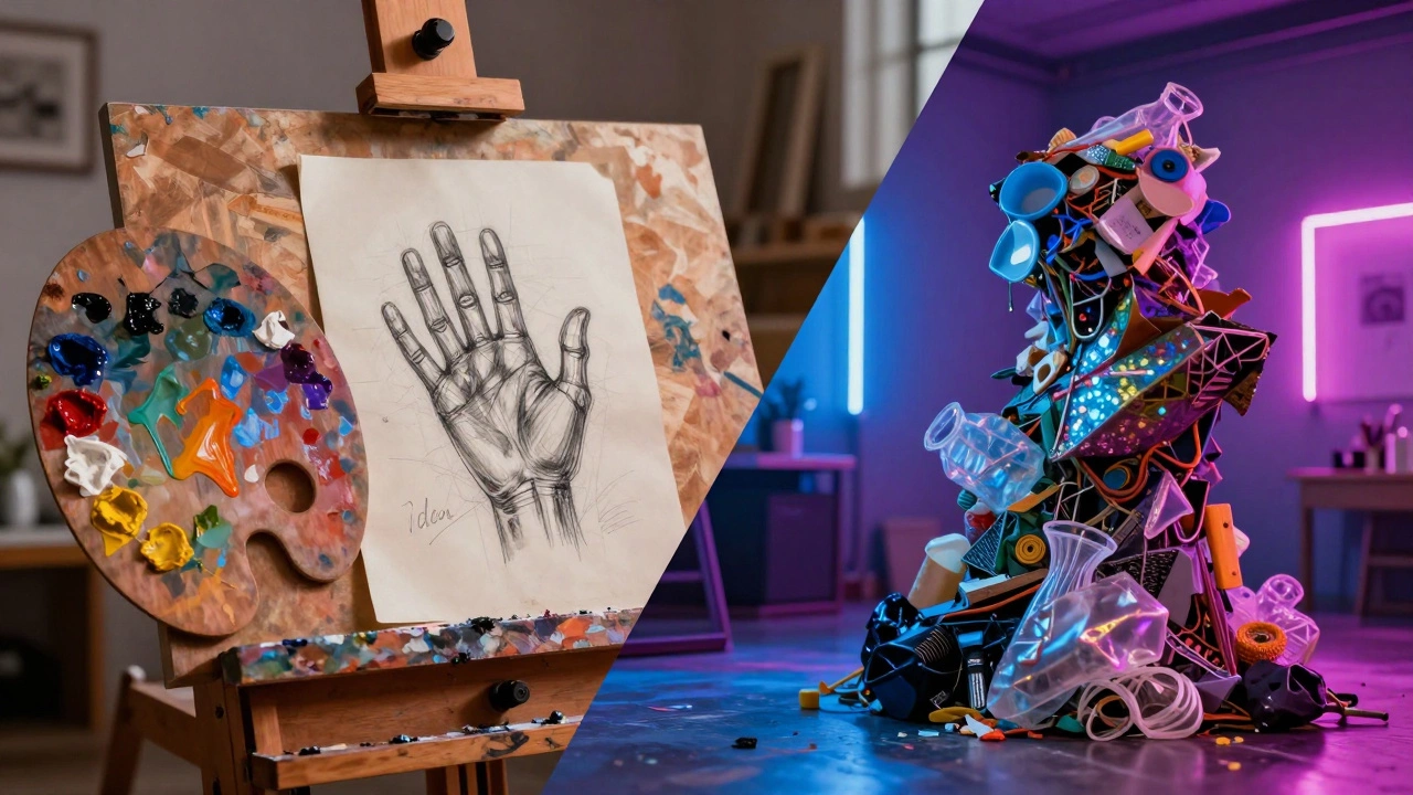 A split image comparing a classical art studio with a modern conceptual art installation.