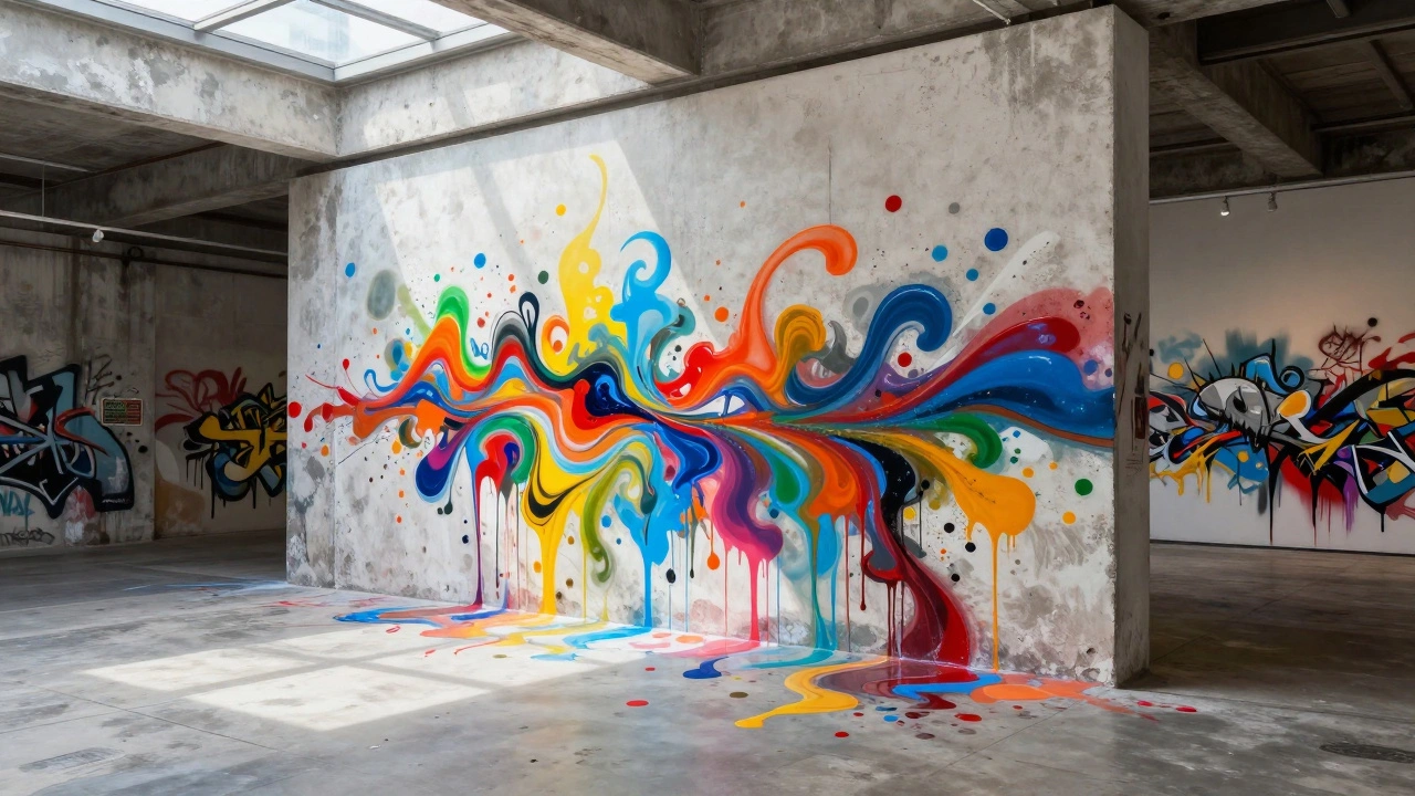 An abstract installation painting extending from a gallery wall onto the floor.