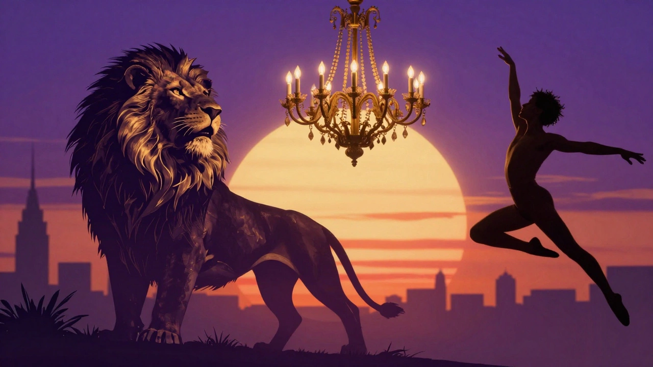 Artistic montage of a lion, a chandelier, and a performer representing Broadway legends