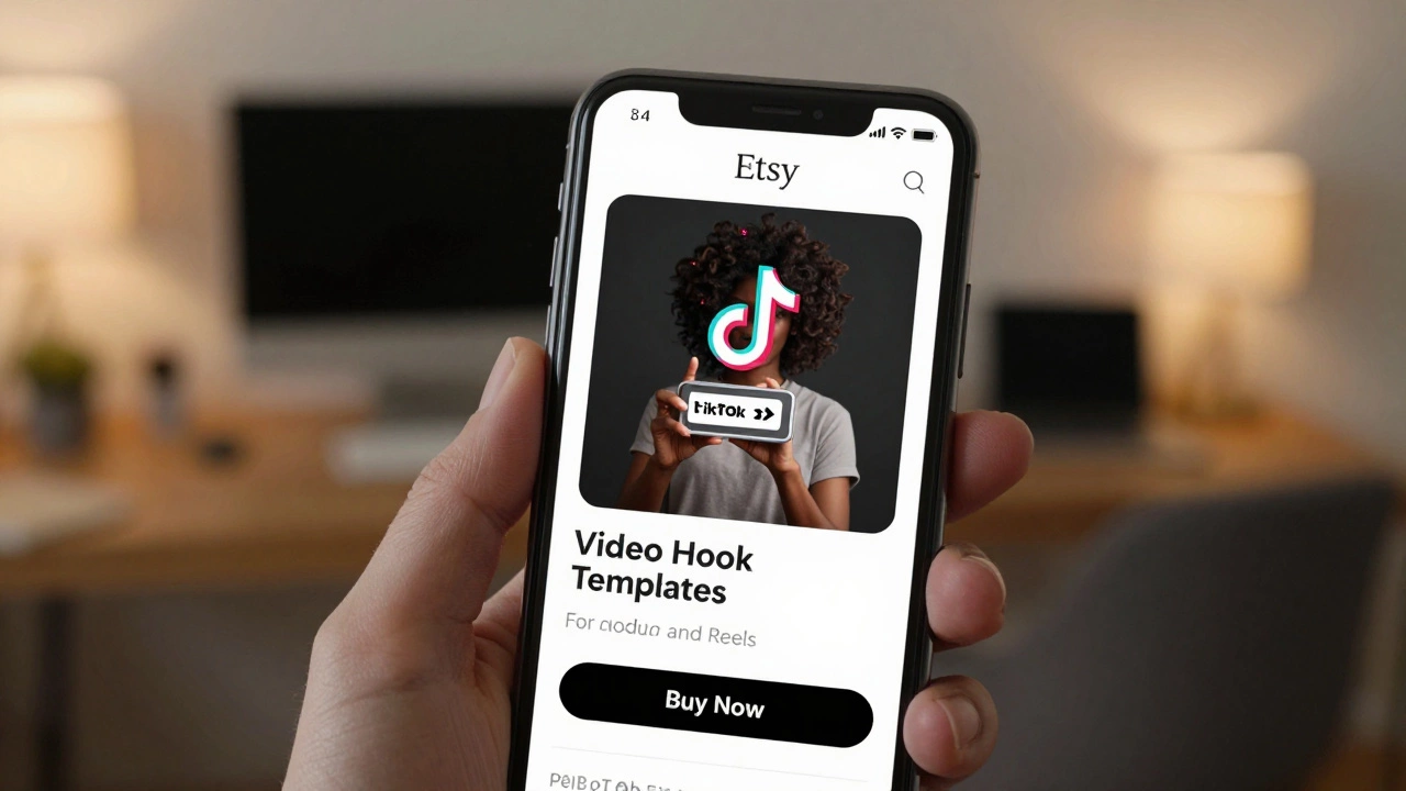 Close-up of a smartphone displaying a professional Etsy shop listing for short-form video templates.