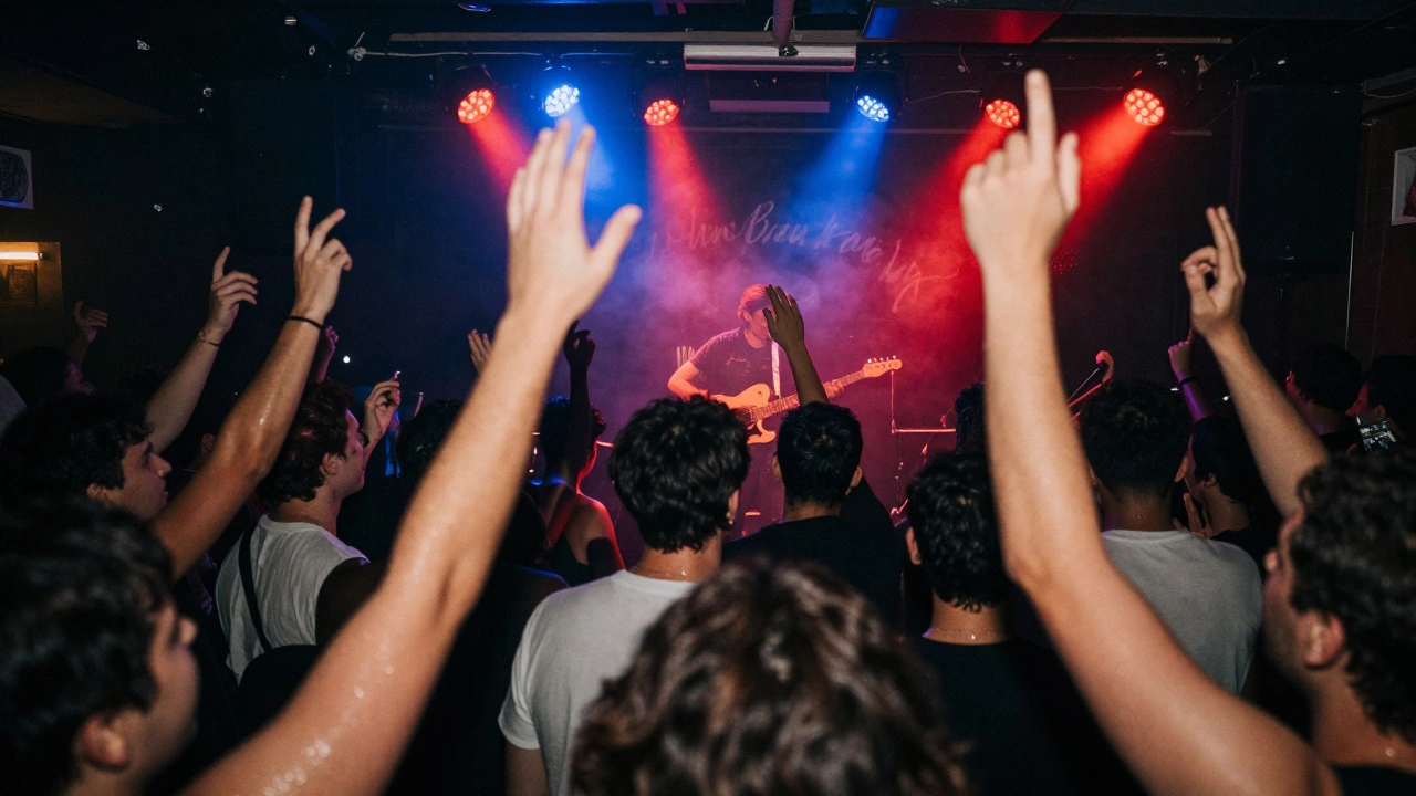 Crowded intimate music club with a performer on stage under red and blue lights.