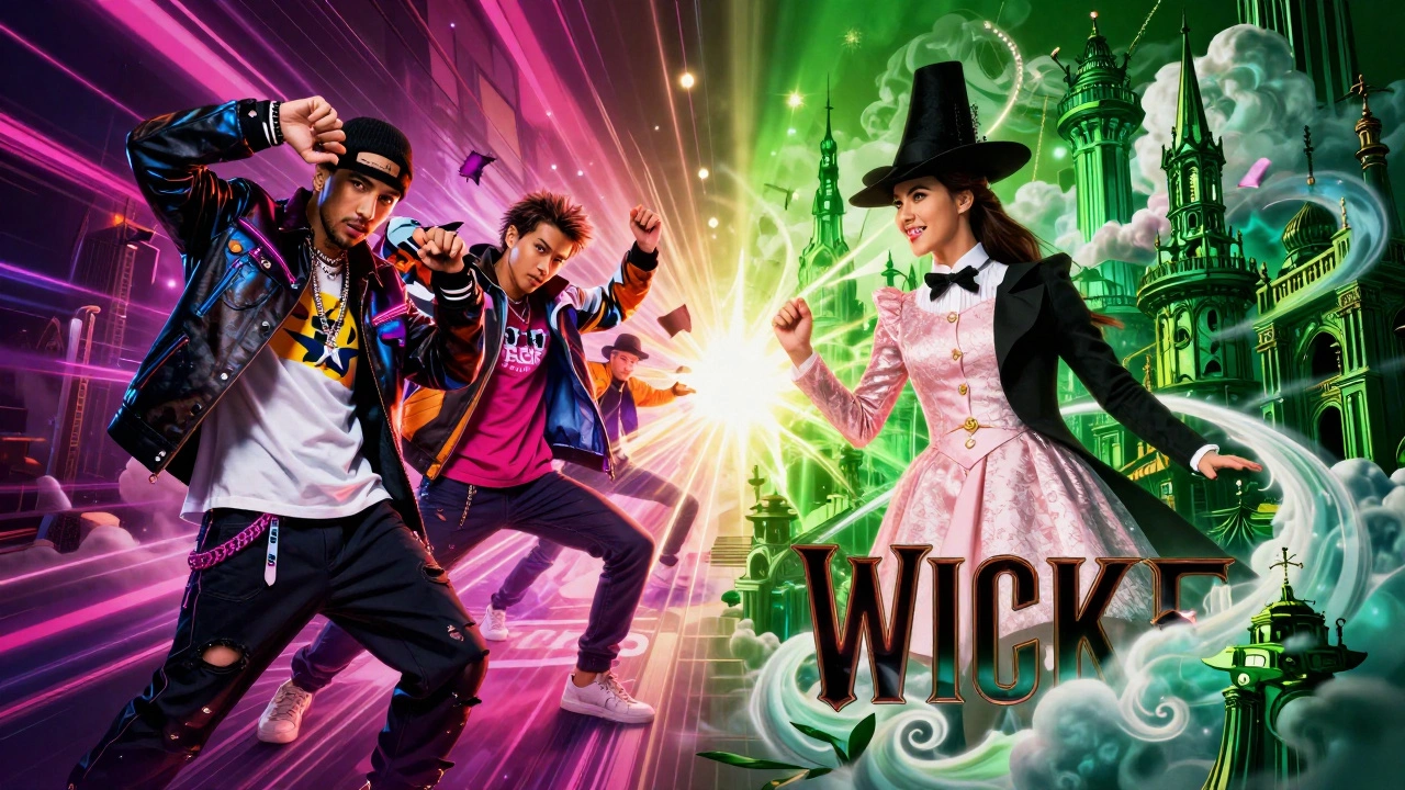 Digital art blending modern hip-hop theater elements with a fantasy emerald city theme